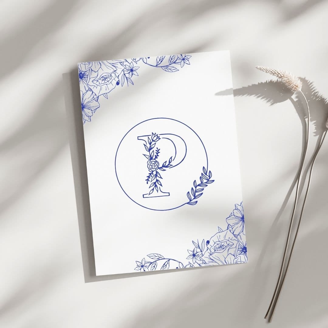 Carte de correspondance ornée d'un monogramme P fleuri, dessiné à la main