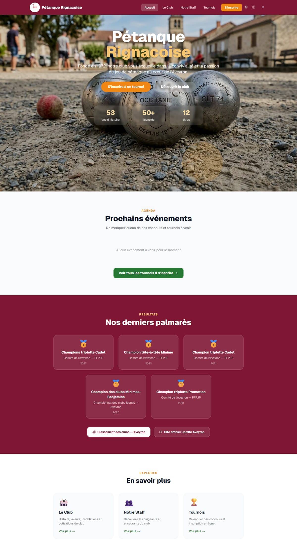 Site internet Pétanque Rignacoise, réalisé par Moonea Studio