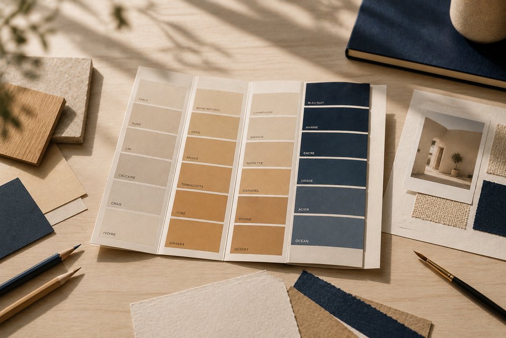 Graphisme — nuancier de couleurs beige, sable et bleu nuit sur un bureau clair