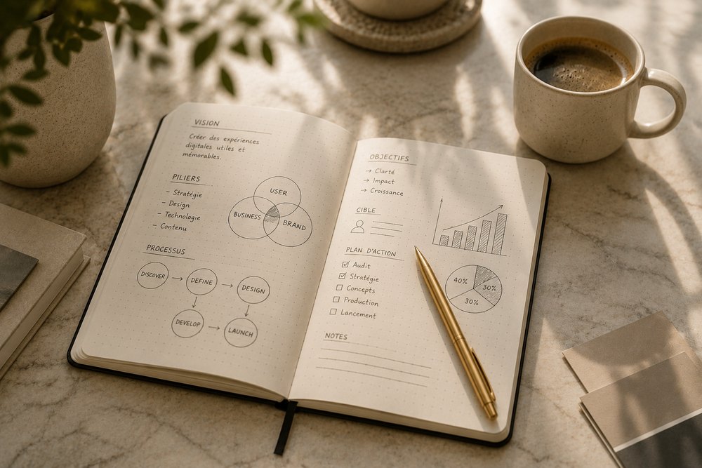 Stratégie digitale — carnet ouvert avec schémas et graphiques, stylo doré, tasse de café
